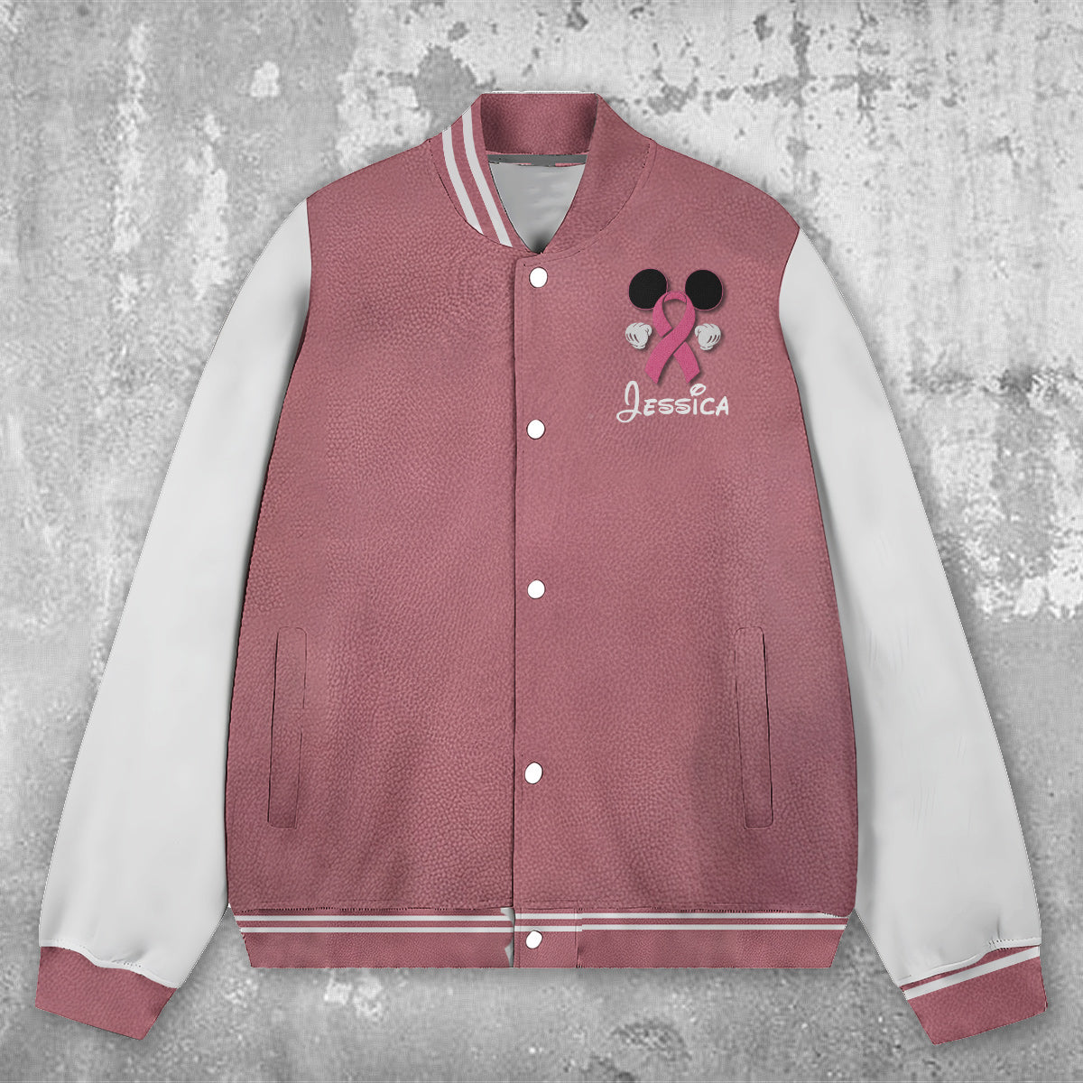 No One Fights Alone Mouse Ears Pink Ribbon - Personalized Breast Cancer Awareness Varsity Jacket