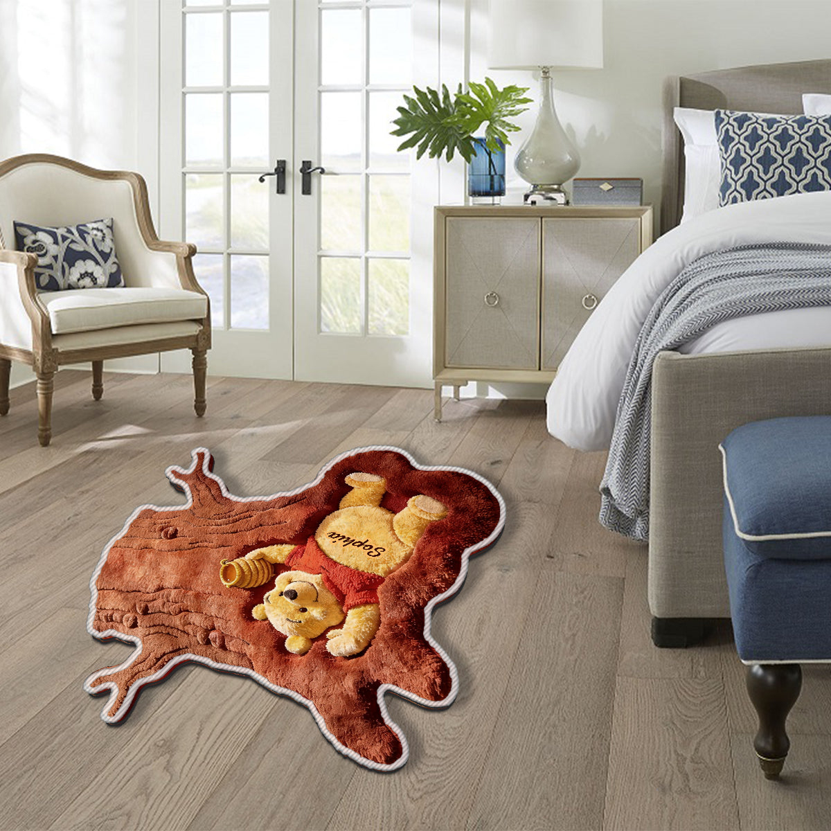 Cute Bear In Tree Trunk - Personalized Yellow Bear Non-Slip Tufted Rug