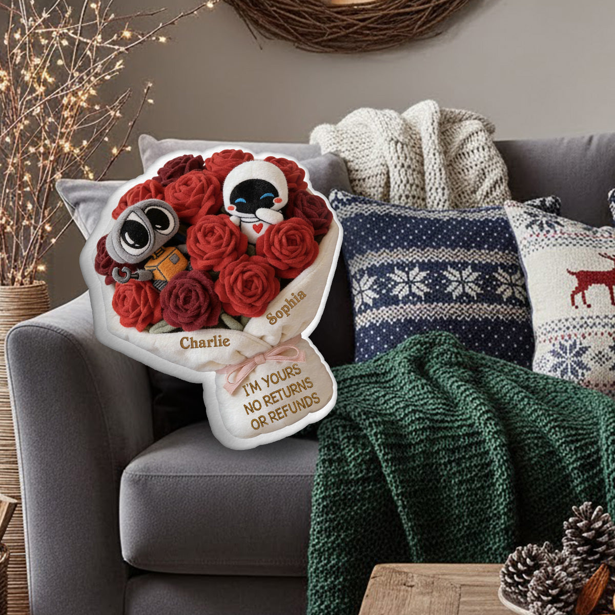I'm Yours No Returns Or Refunds Robot Couple - Personalized Love Robot Faux Fur Shaped Pillow