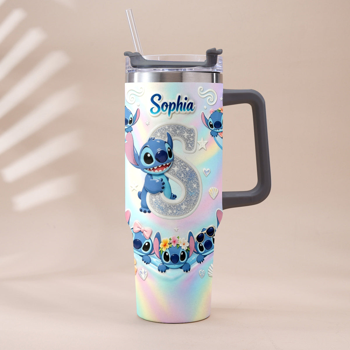 Cute Blue Alien With Letter - Personalized Ohana Tumbler With Plush Charm