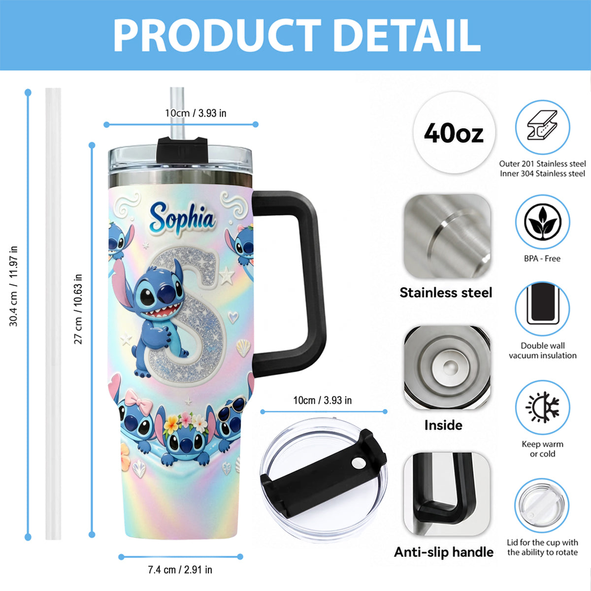 Cute Blue Alien With Letter - Personalized Ohana Tumbler With Plush Charm
