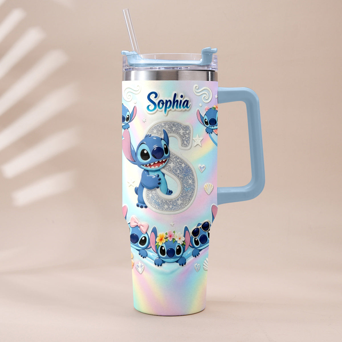 Cute Blue Alien With Letter - Personalized Ohana Tumbler With Plush Charm