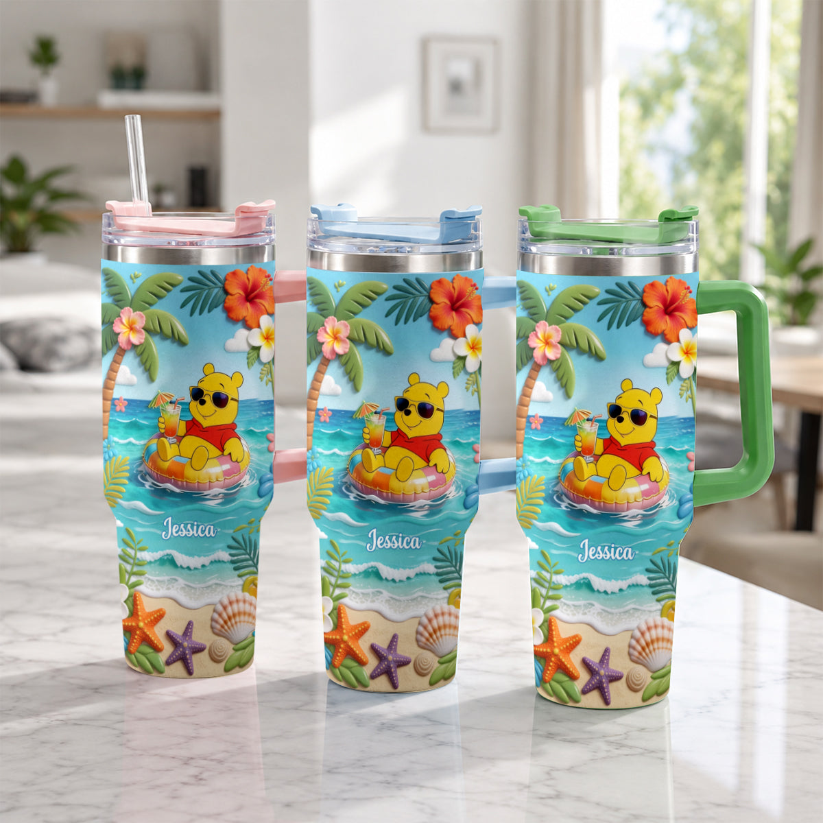 Yellow Bear Summer Vibes - Personalized Yellow Bear Tumbler With Plush Charm