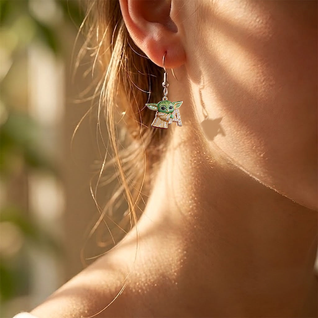 Green Alien Initial Letter - Personalized The Force Earrings With Card