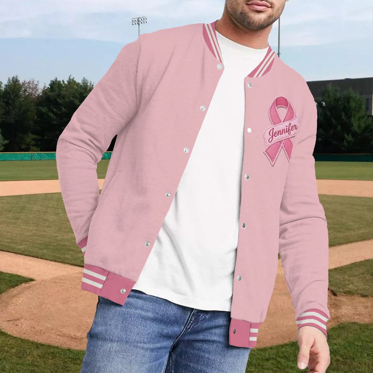 In October We Wear Pink - Personalized Breast Cancer Awareness Varsity Jacket