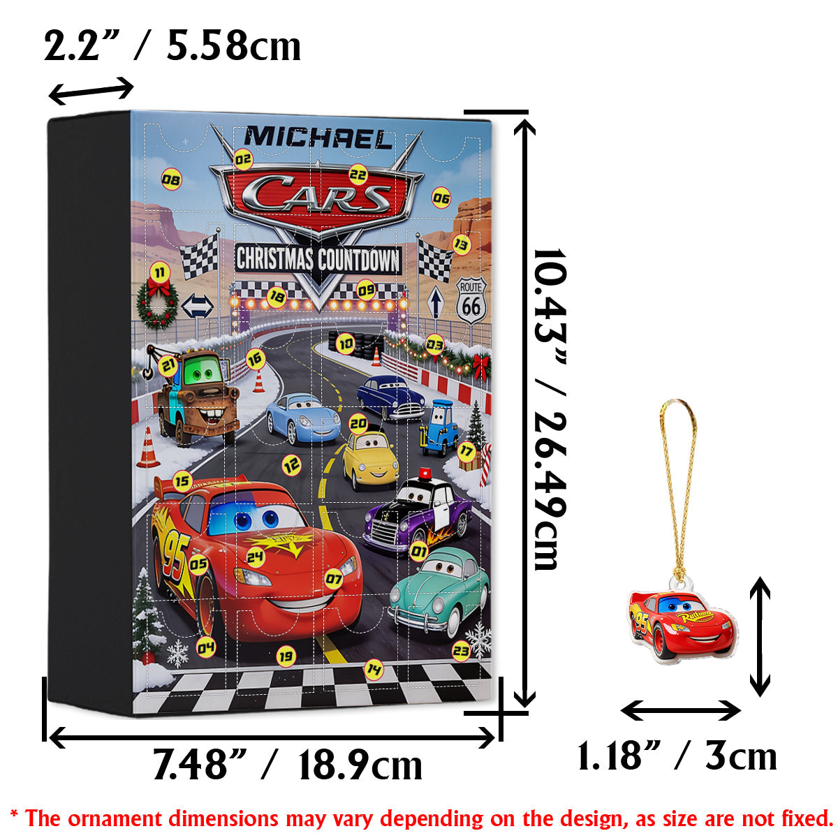 Cars Toon Characters - Personalized Racing Lover Advent Calendar With Ornaments