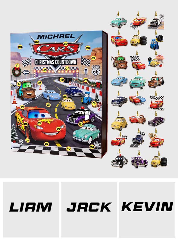 Cars Toon Characters - Personalized Racing Lover Advent Calendar With Ornaments