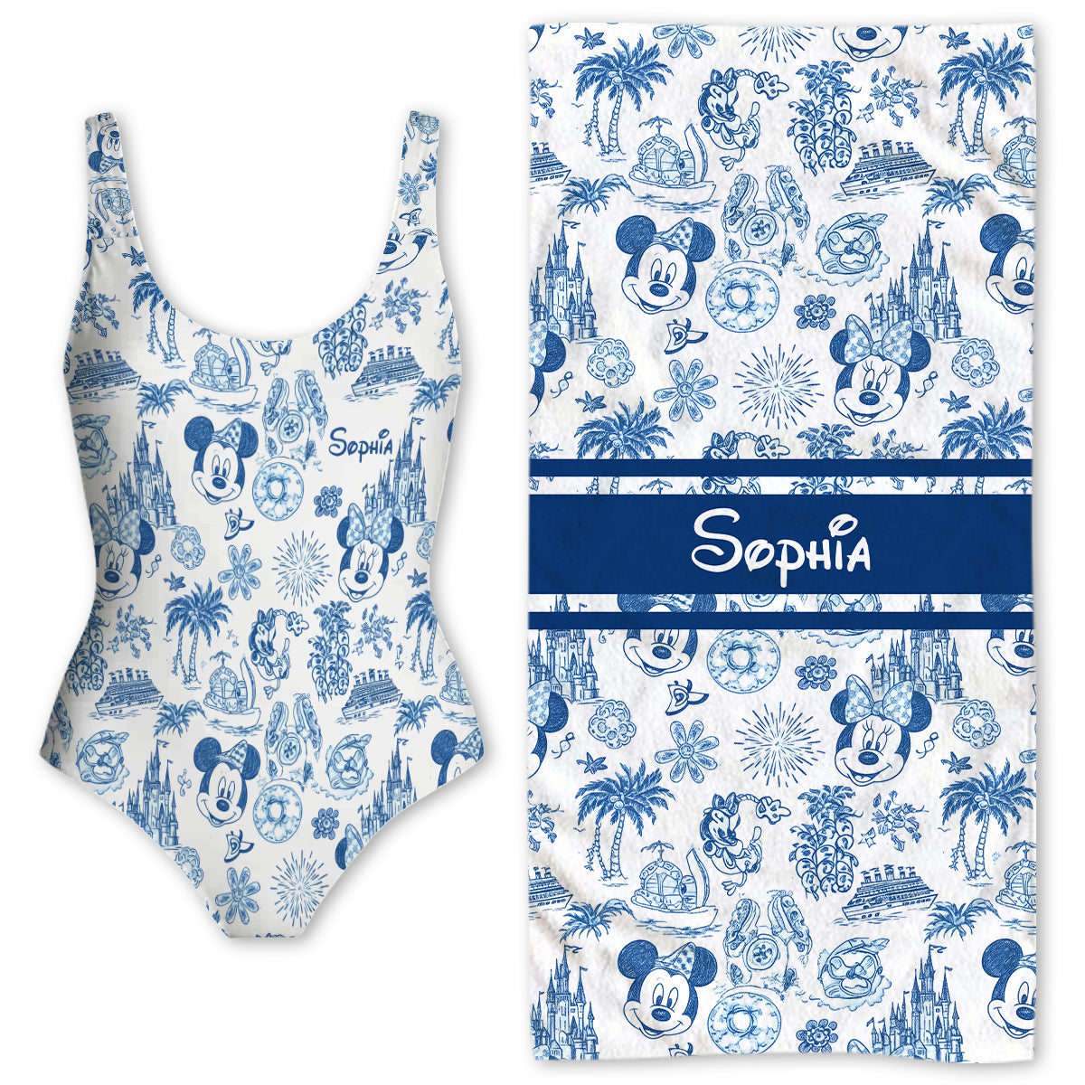 Magical Mouse Ears Pattern - Personalized Mouse Women Swimming Bodysuit & Beach Towel