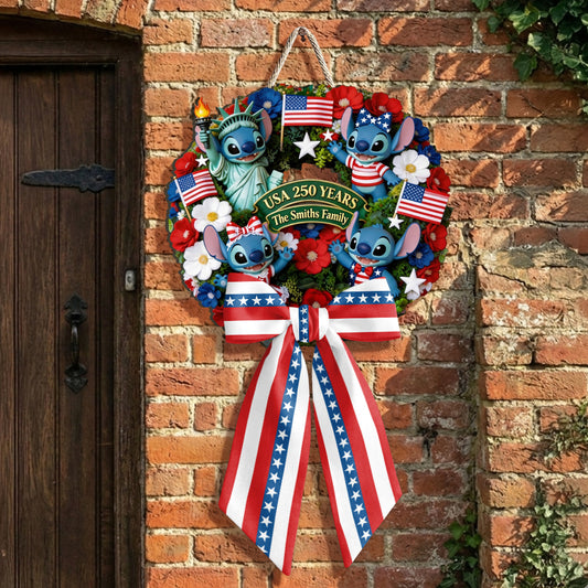 Cartoon Monster, 250th Anniversary - Personalized Ohana Shaped Wood Sign With Sash