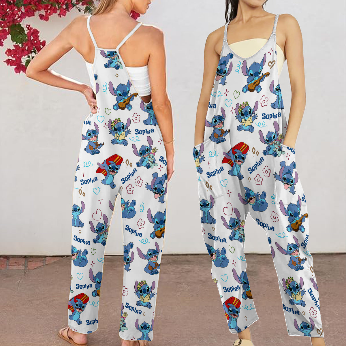 Ohana Alien - Sleeveless Drawstring Jumpsuit With Pockets - Personalized Ohana Loose-Fit Overalls/ Rompers