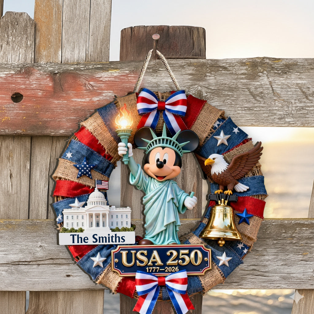USA Mouse 250th Anniversary Patriotic Wreath - Personalized Mouse Custom Shaped Wood Sign