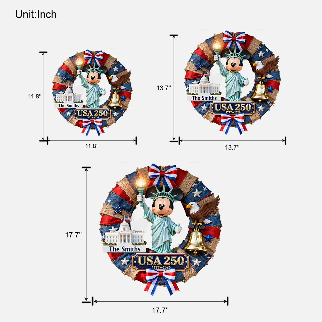 USA Mouse 250th Anniversary Patriotic Wreath - Personalized Mouse Custom Shaped Wood Sign