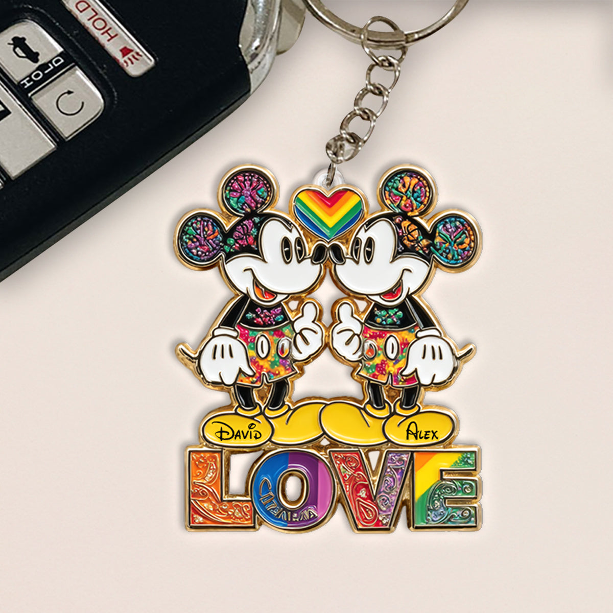 Rainbow Mouse Couple Love - Personalized LGBT Support Keychain