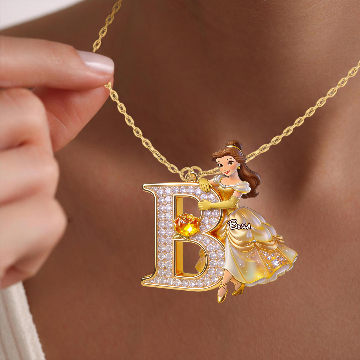 Belle's Enchanted Initial - Personalized Beauty And The Beast Shaped Metal Pendant Necklace