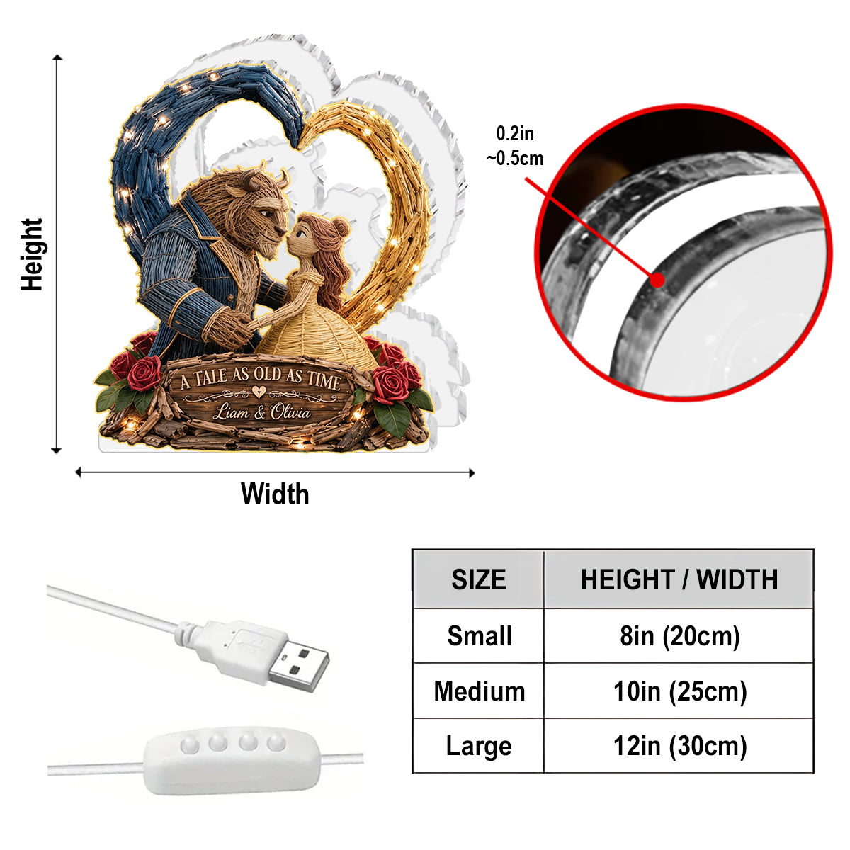 Magic Mouse Couple Heart - Personalized Beauty And The Beast Acrylic LED Night Light