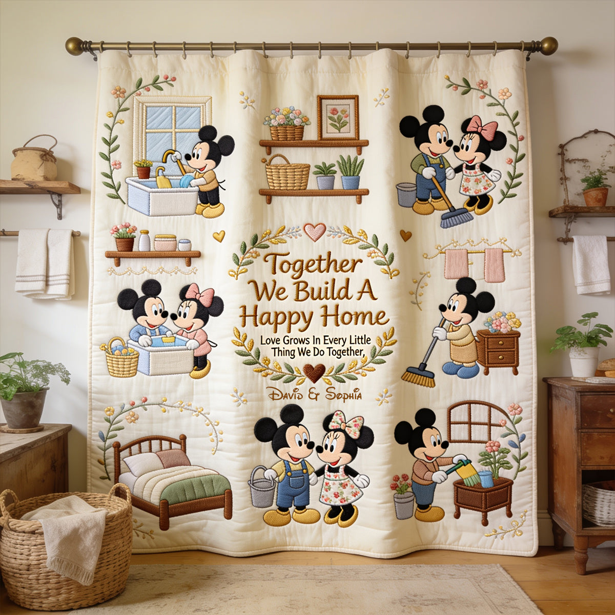 Together We Build A Happy Home - Personalized Mouse Blackout Window Curtain/ Drapes Set