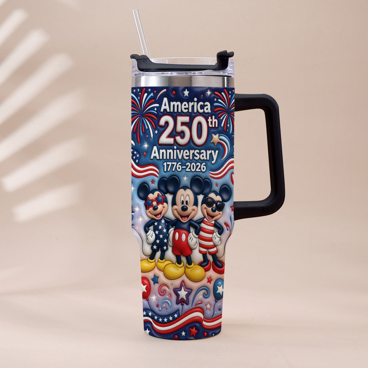 Cute Cartoon Mouse USA 250th Anniversary - Personalized Mouse Tumbler With Handle