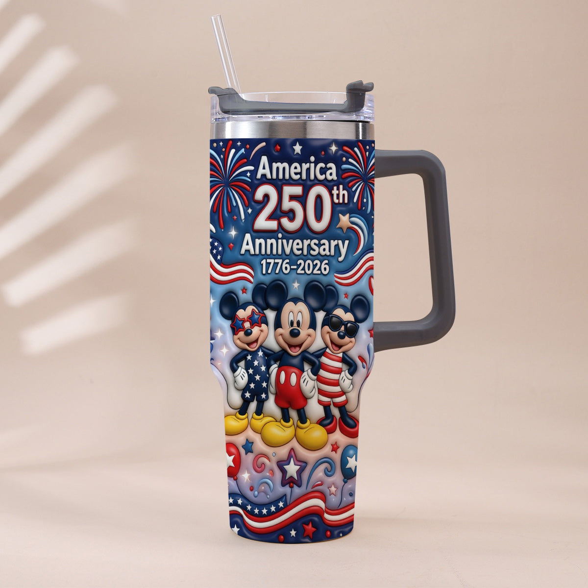 Cute Cartoon Mouse USA 250th Anniversary - Personalized Mouse Tumbler With Handle