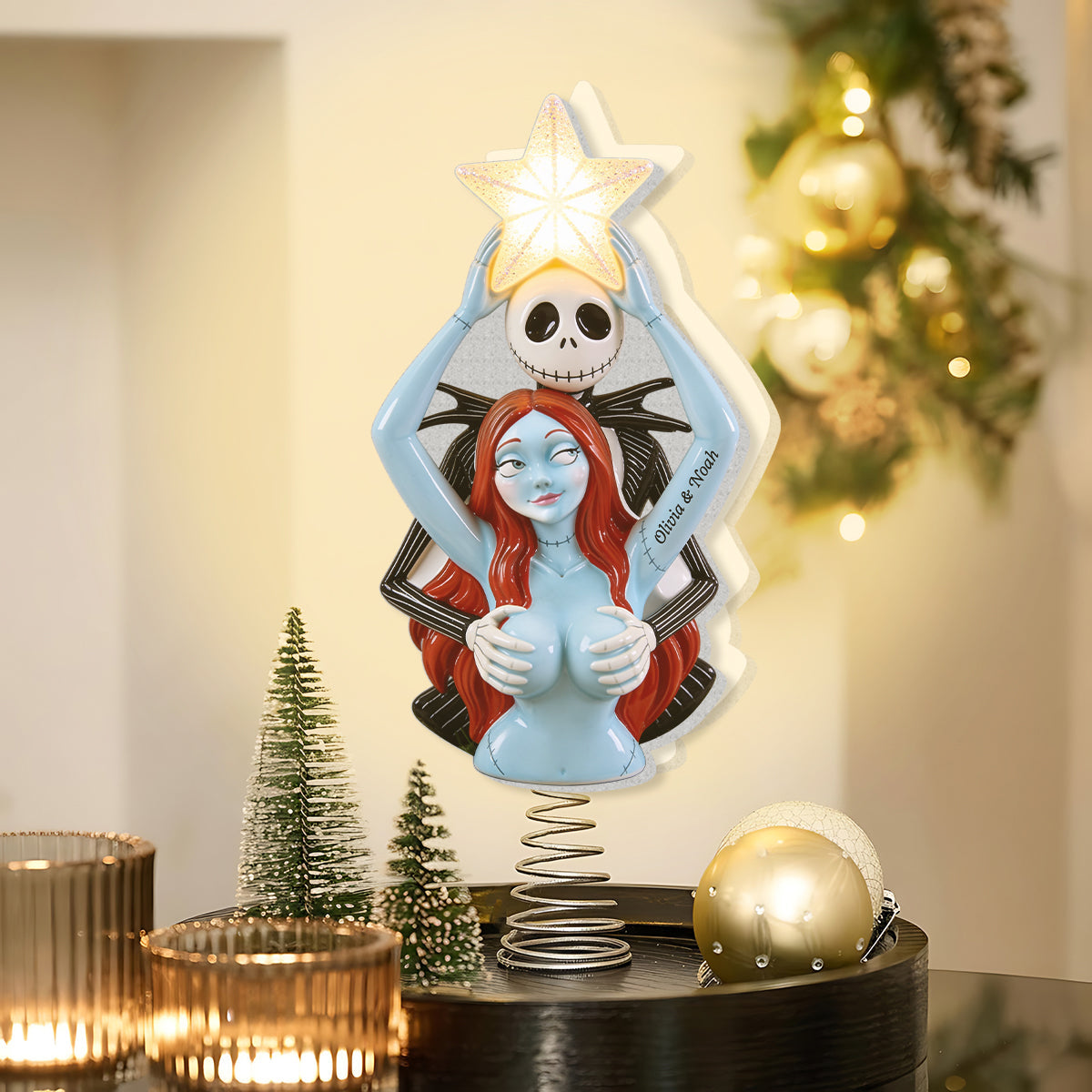 Naughty Christmas Skeleton Couple - Personalized Nightmare LED Light Tree Topper