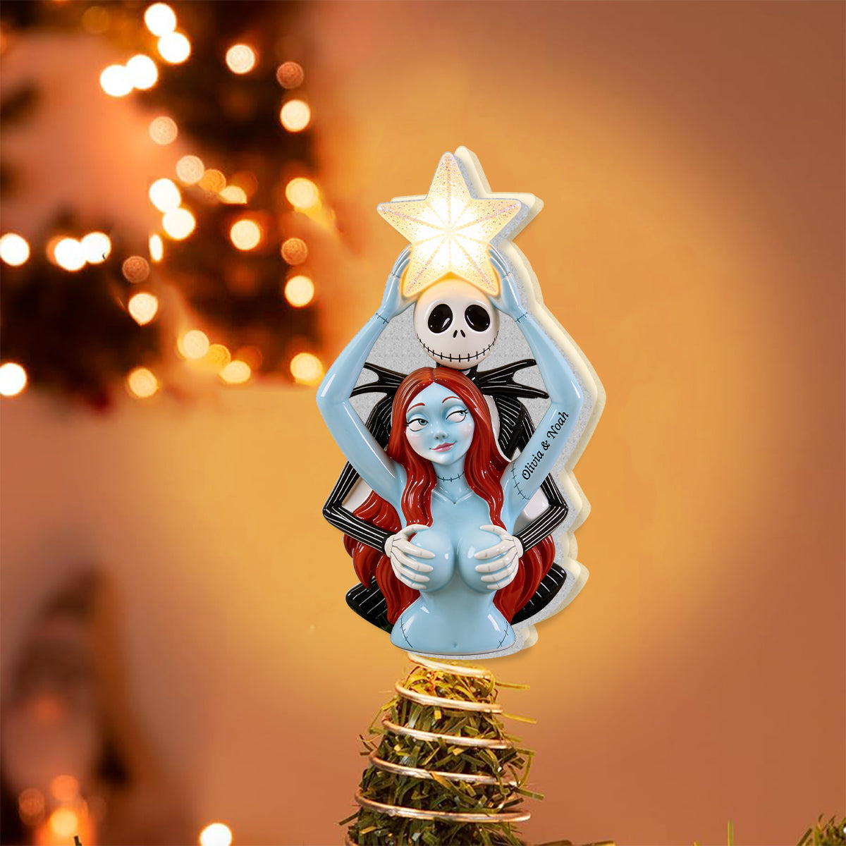 Naughty Christmas Skeleton Couple - Personalized Nightmare LED Light Tree Topper