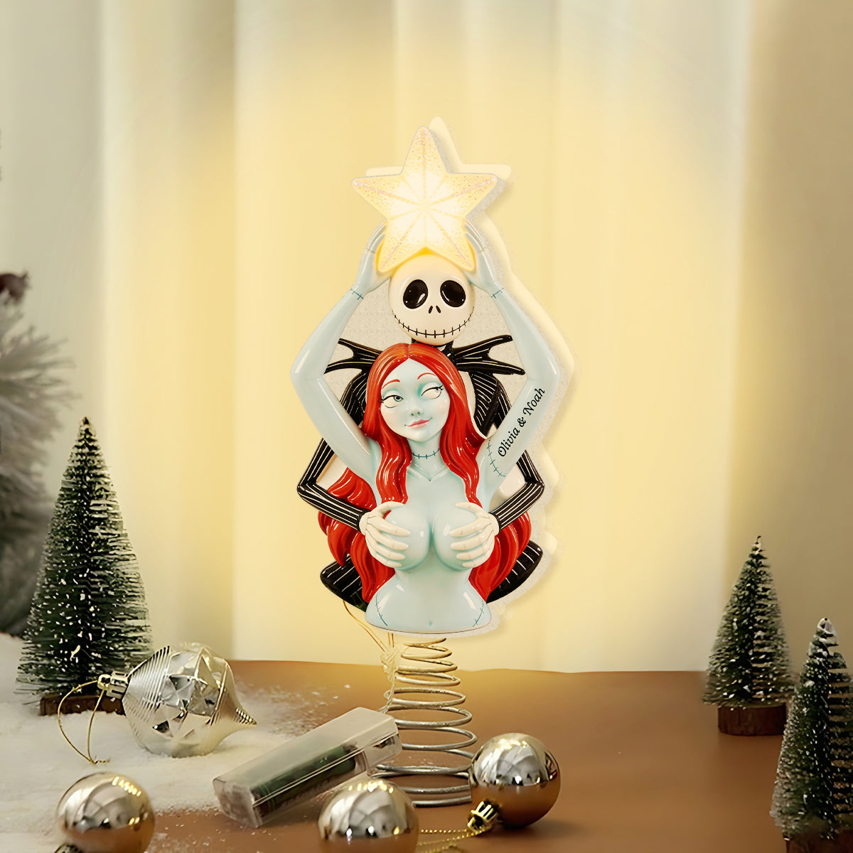 Naughty Christmas Skeleton Couple - Personalized Nightmare LED Light Tree Topper