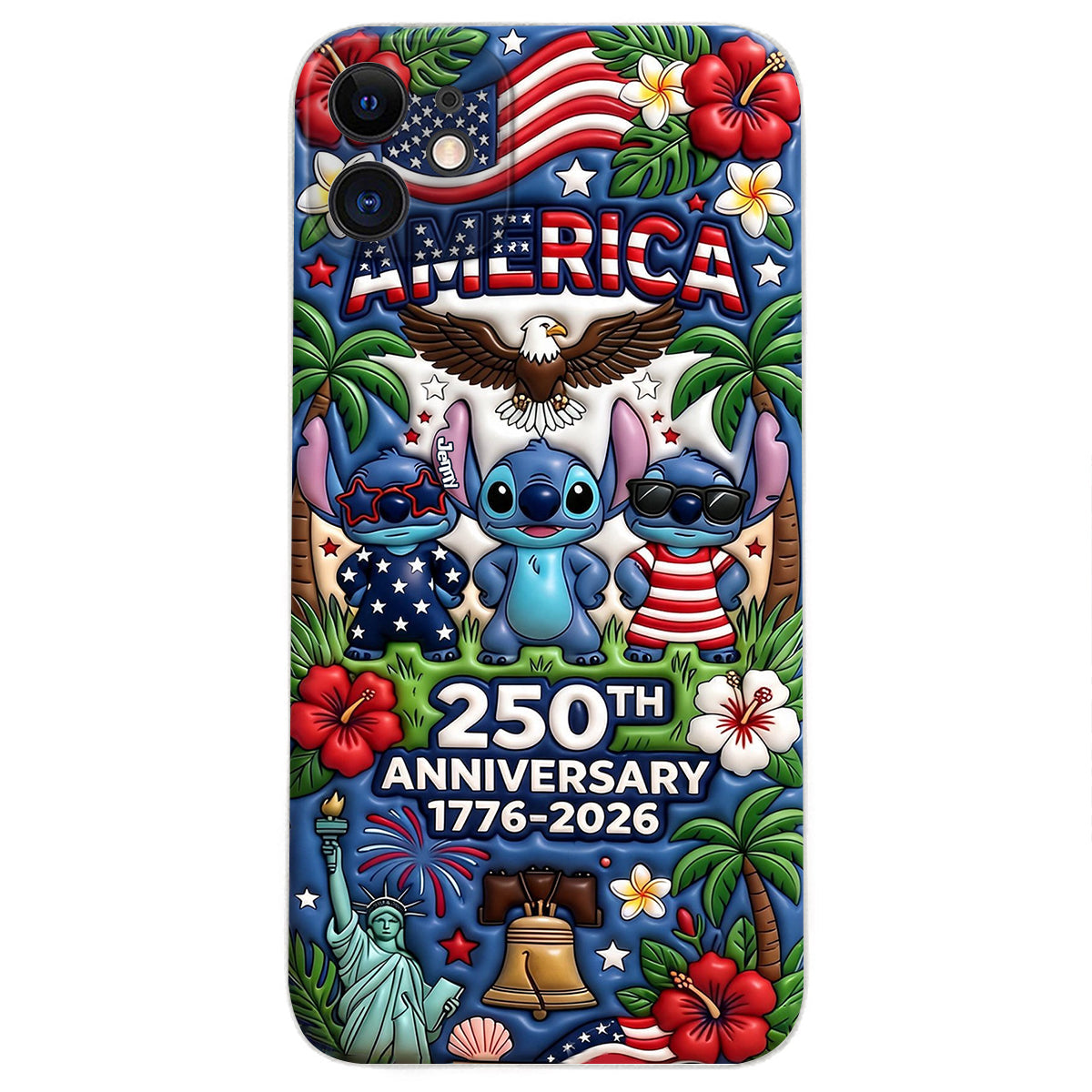 Cute Blue Alien USA 250th Anniversary - Personalized Ohana 3D Embossed Leather Phone Case