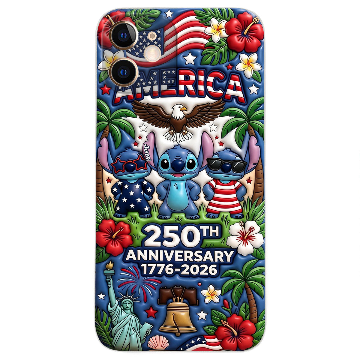 Cute Blue Alien USA 250th Anniversary - Personalized Ohana 3D Embossed Leather Phone Case