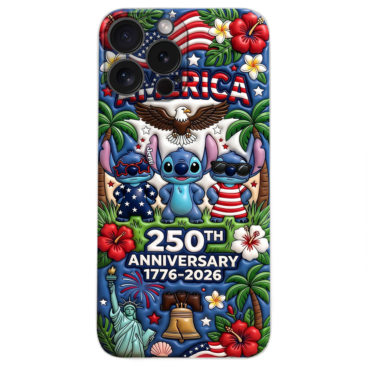 Cute Blue Alien USA 250th Anniversary - Personalized Ohana 3D Embossed Leather Phone Case