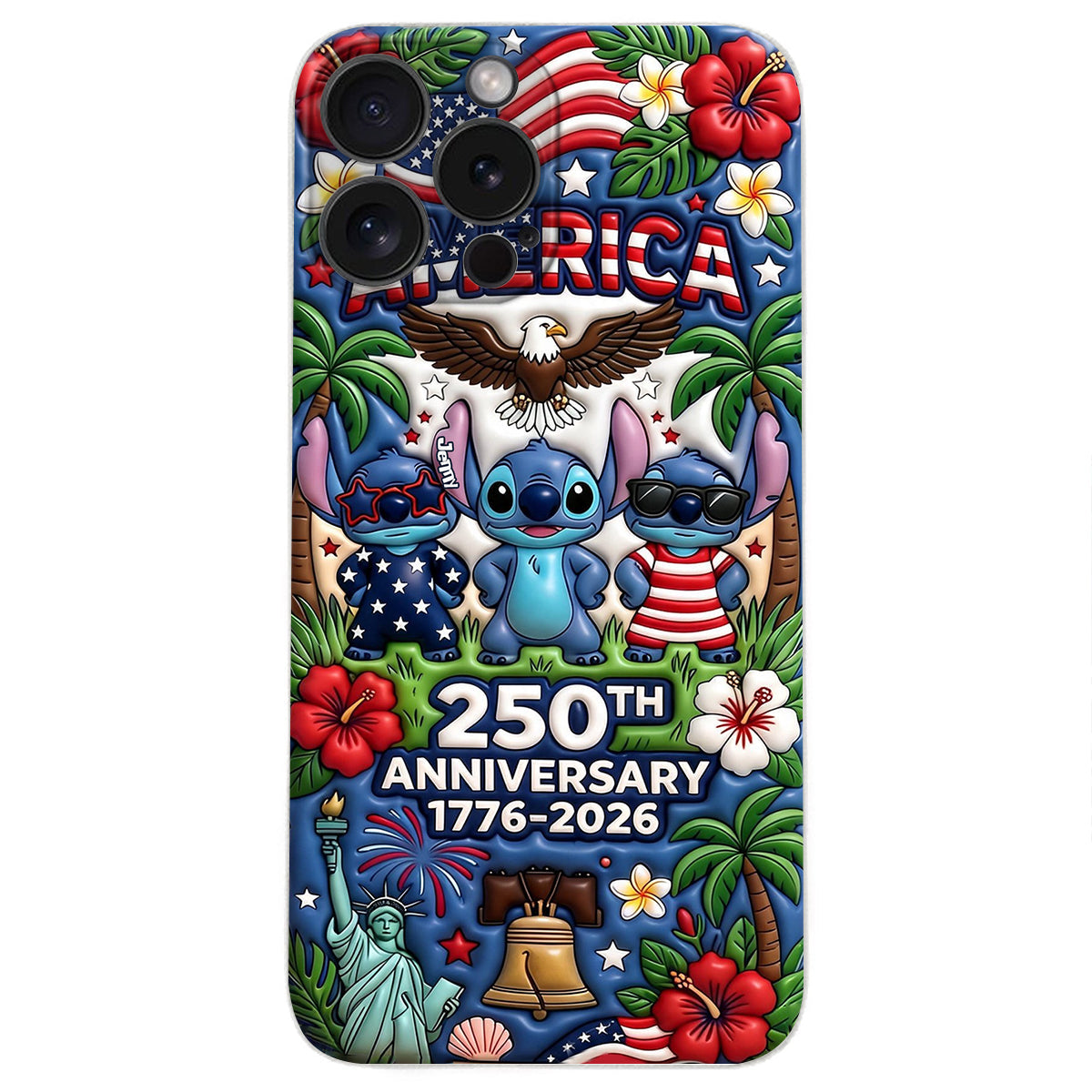 Cute Blue Alien USA 250th Anniversary - Personalized Ohana 3D Embossed Leather Phone Case