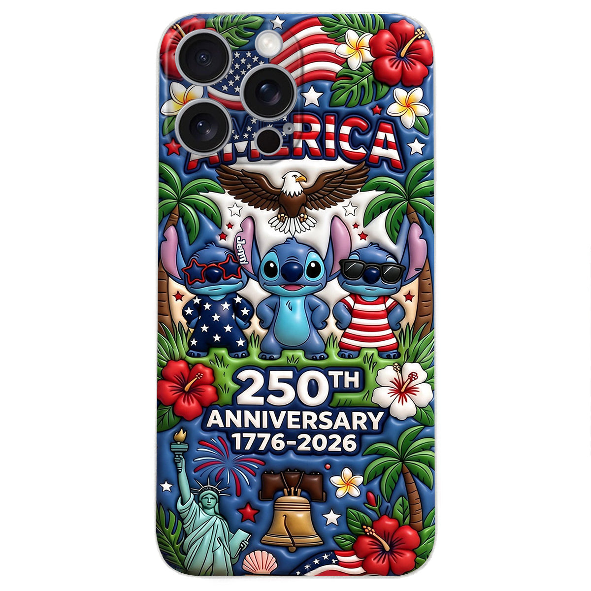 Cute Blue Alien USA 250th Anniversary - Personalized Ohana 3D Embossed Leather Phone Case