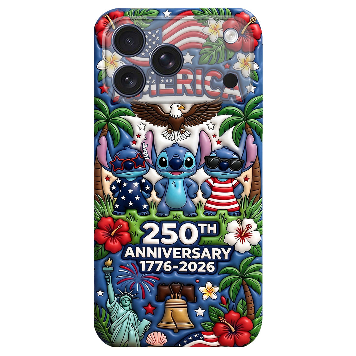 Cute Blue Alien USA 250th Anniversary - Personalized Ohana 3D Embossed Leather Phone Case