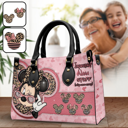 Important Nana Stuff Mainly Snacks Actually - Personalized Grandma Leather Handbag