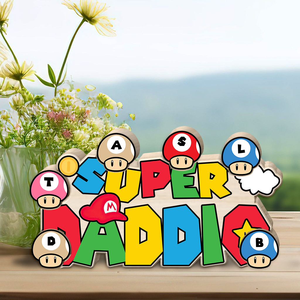 Super Daddio Mommio Baby Mushroom - Personalized Super Plumber Shaped Wooden Puzzle