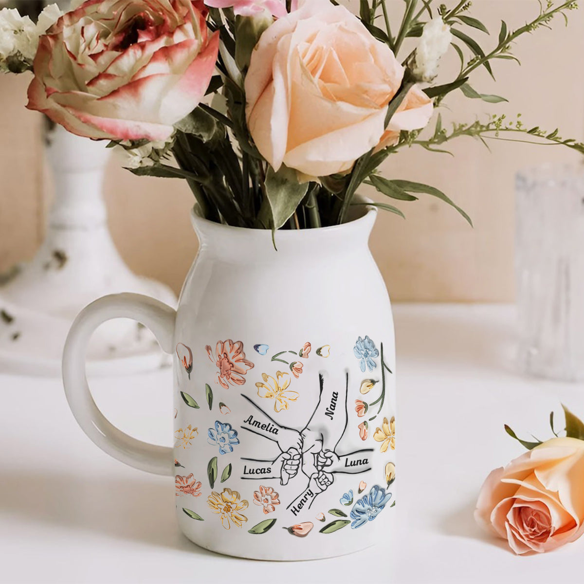 Holding Hands Mother Ceramic Flower Vase (Printed On Both Sides)