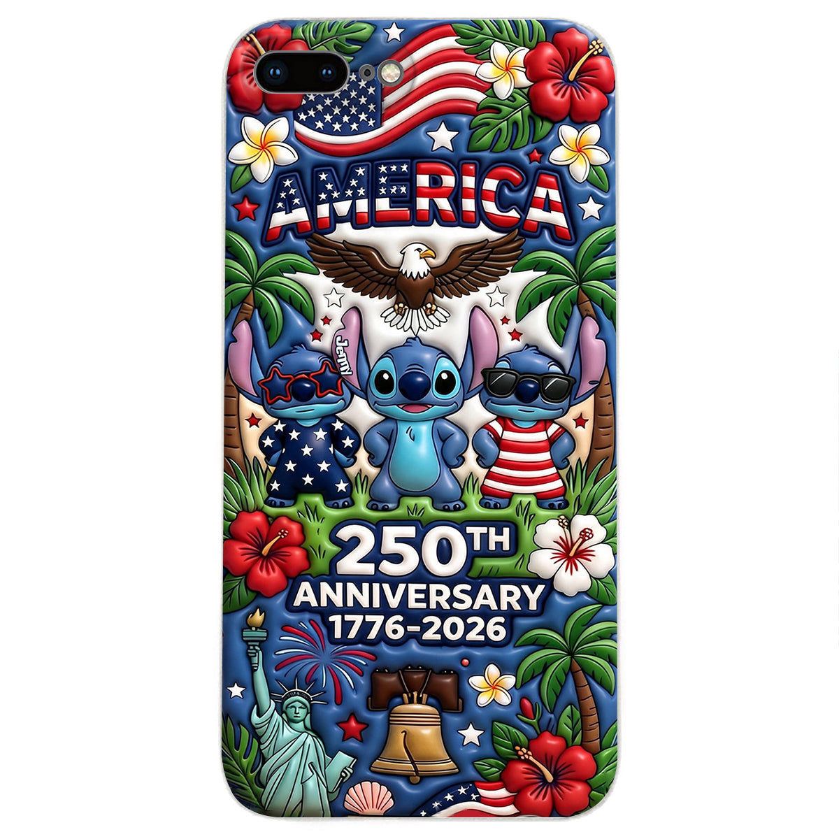 Cute Blue Alien USA 250th Anniversary - Personalized Ohana 3D Embossed Leather Phone Case