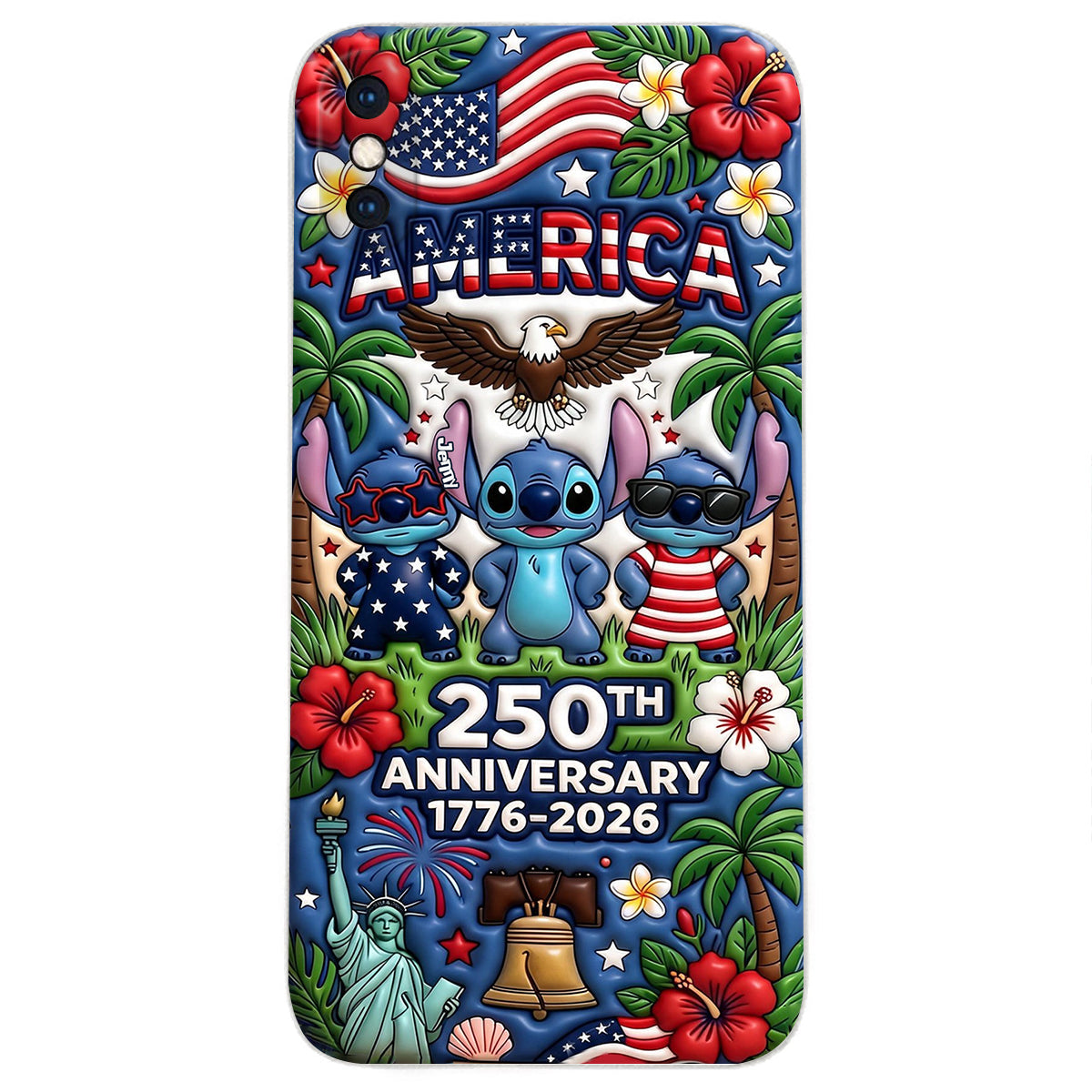 Cute Blue Alien USA 250th Anniversary - Personalized Ohana 3D Embossed Leather Phone Case