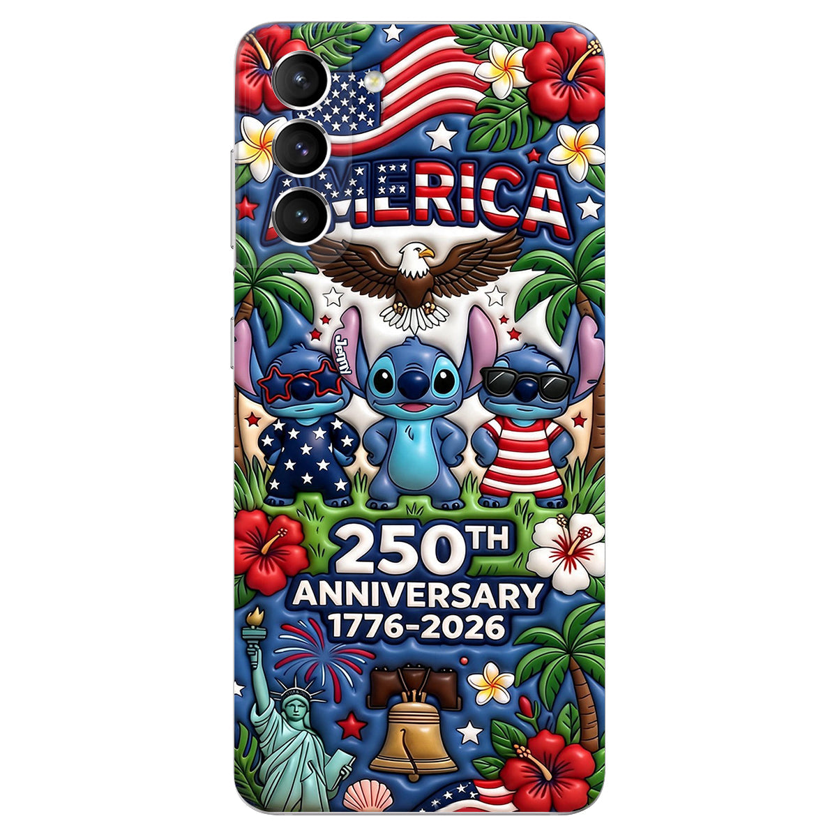 Cute Blue Alien USA 250th Anniversary - Personalized Ohana 3D Embossed Leather Phone Case