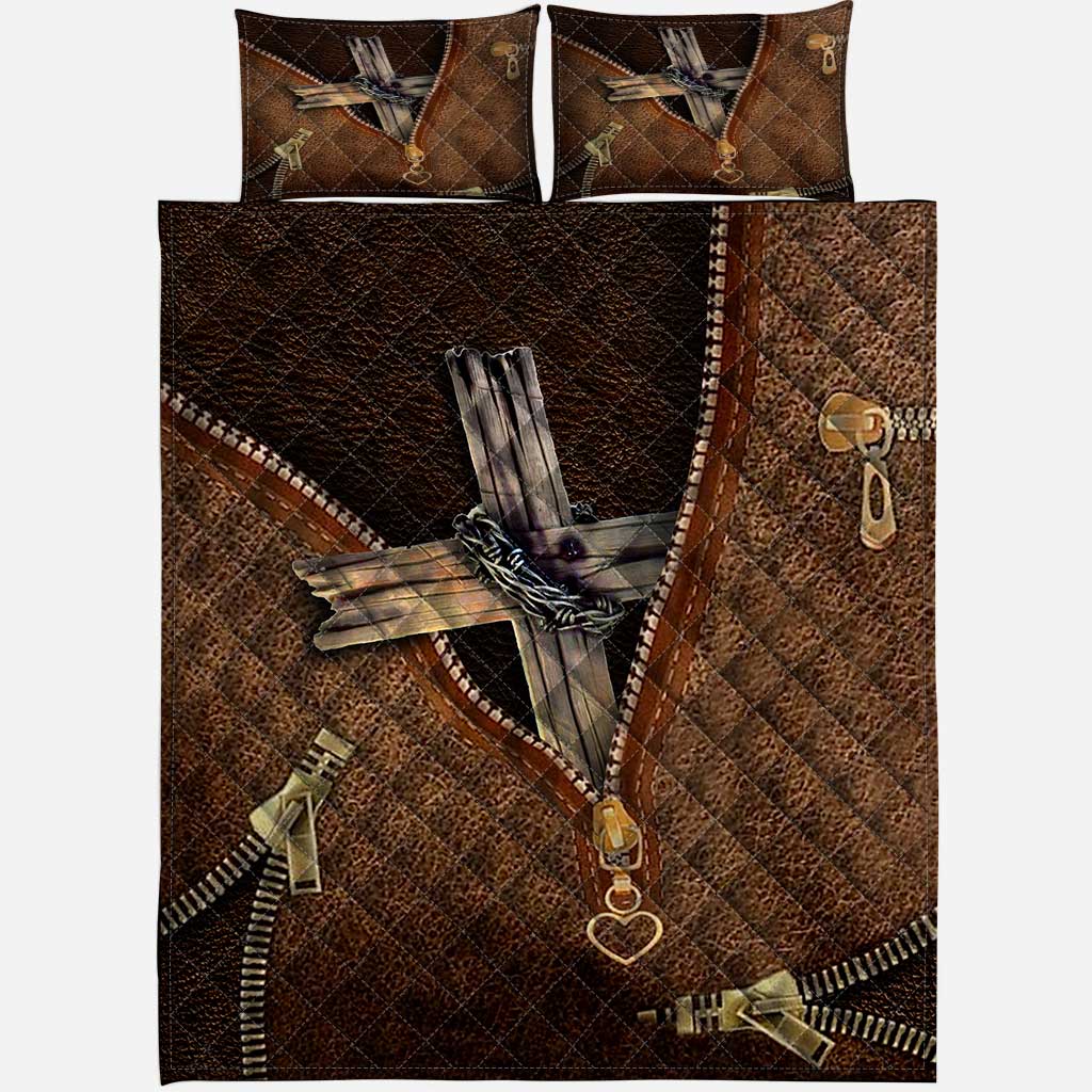 Faith Over Fear Leather Pattern Print Christian Quilt Set 0622