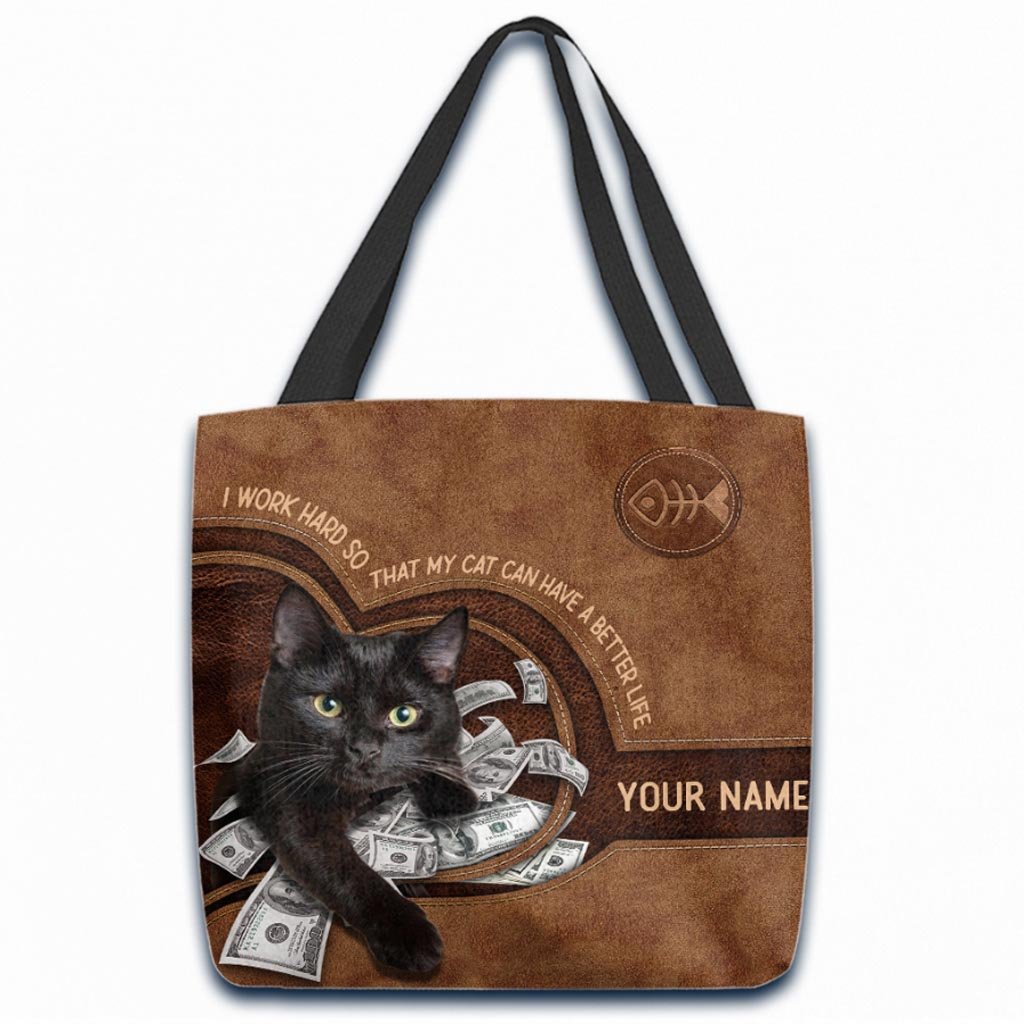 I Work Hard - Black Cat Personalized  Tote Bag