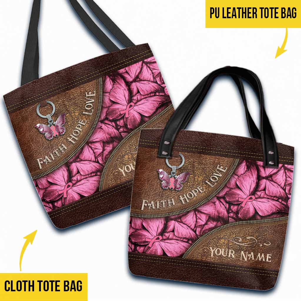 Faith Hope Love Breast Cancer Butterfly - Breast Cancer Awareness Personalized Tote Bag