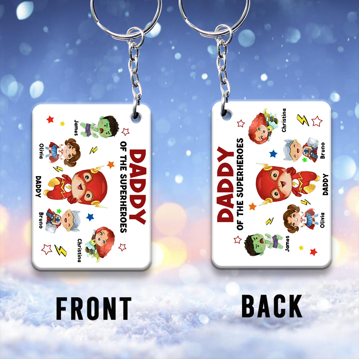 Daddy Of Superheroes - Personalized Father Keychain (Printed On Both Sides)