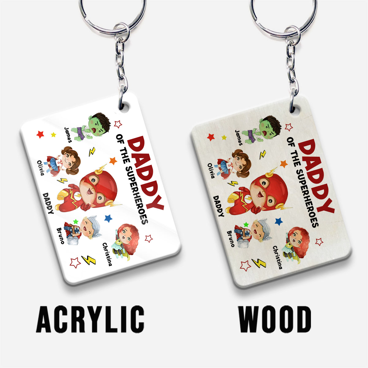 Daddy Of Superheroes - Personalized Father Keychain (Printed On Both Sides)