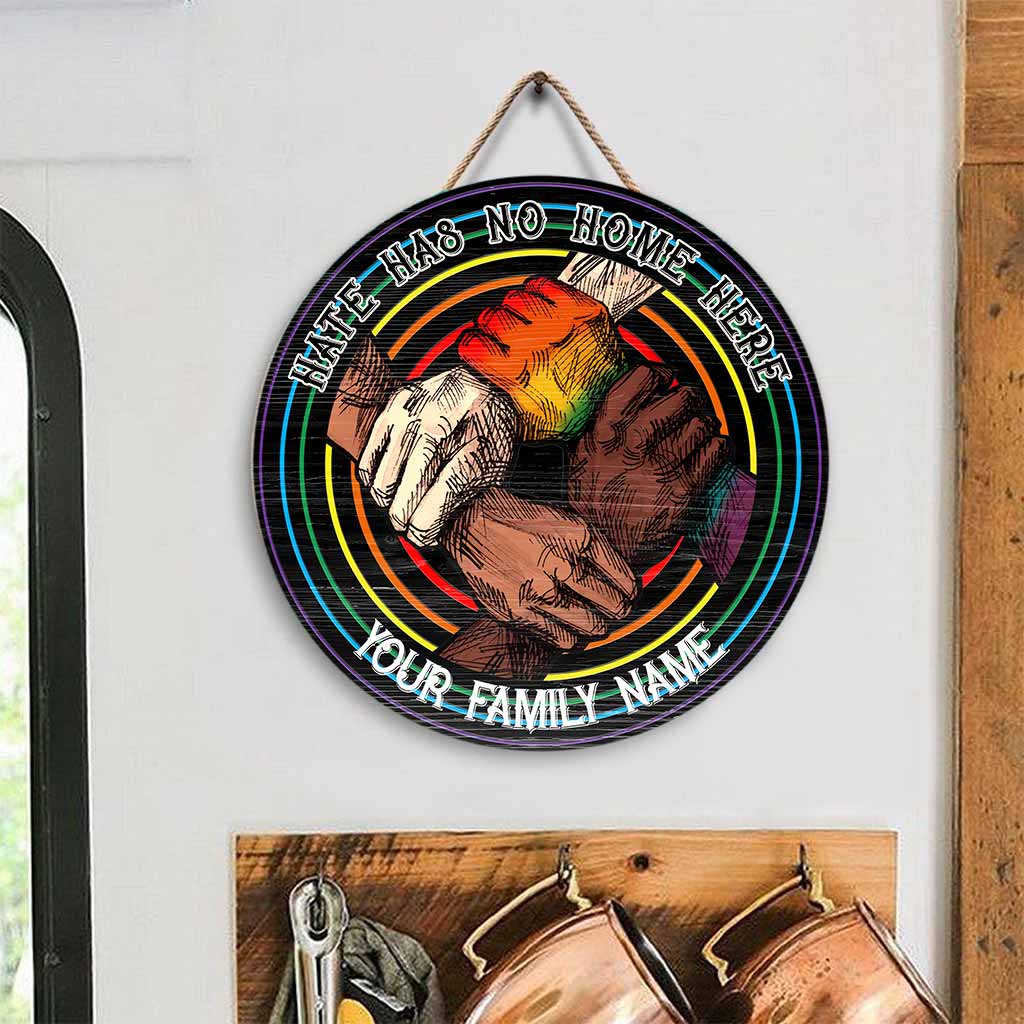 Hate Has No Home - LGBT Support Here Personalized Round Wood Sign