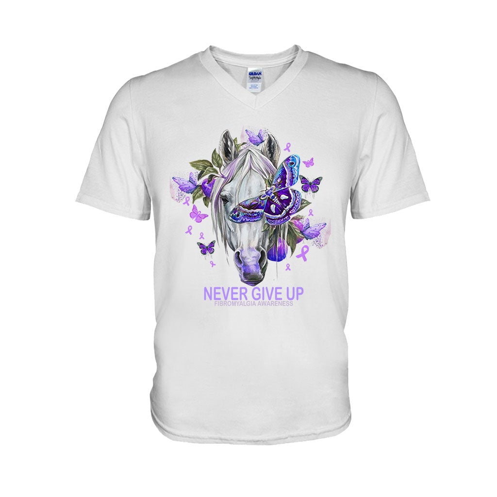 Never Give Up Horse Purple Butterfly - Fibromyalgia Awareness T-shirt and Hoodie 112021
