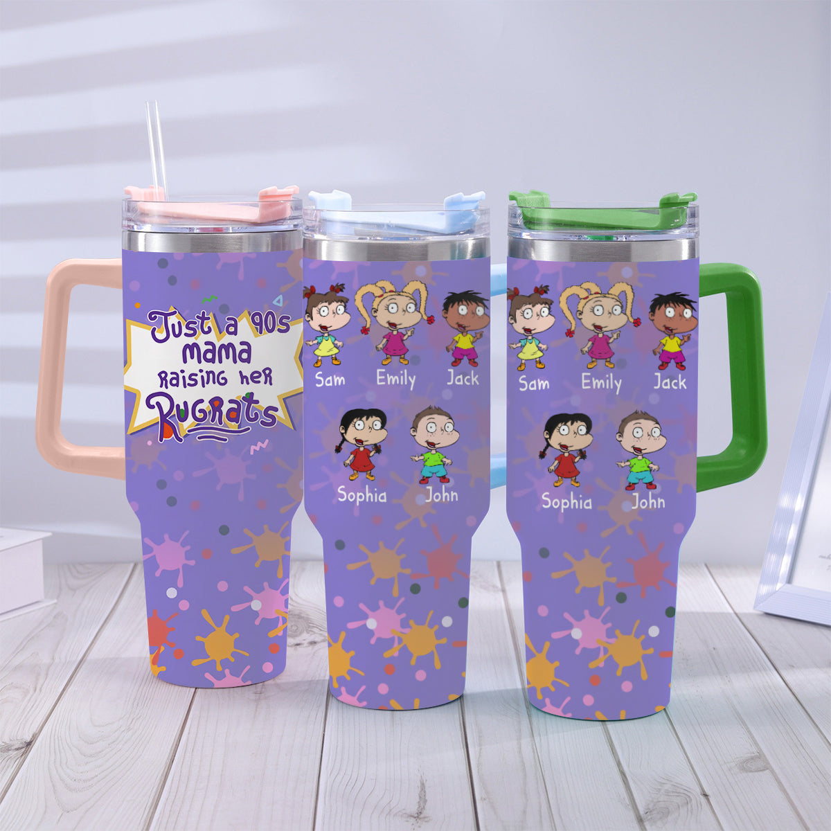 Just A Mama Raising Her Kids - Personalized 90's Cartoon Tumbler With Handle